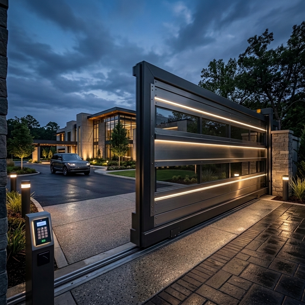 High-end modern driveway with a sleek black horizontal slat gate and precision automation motor